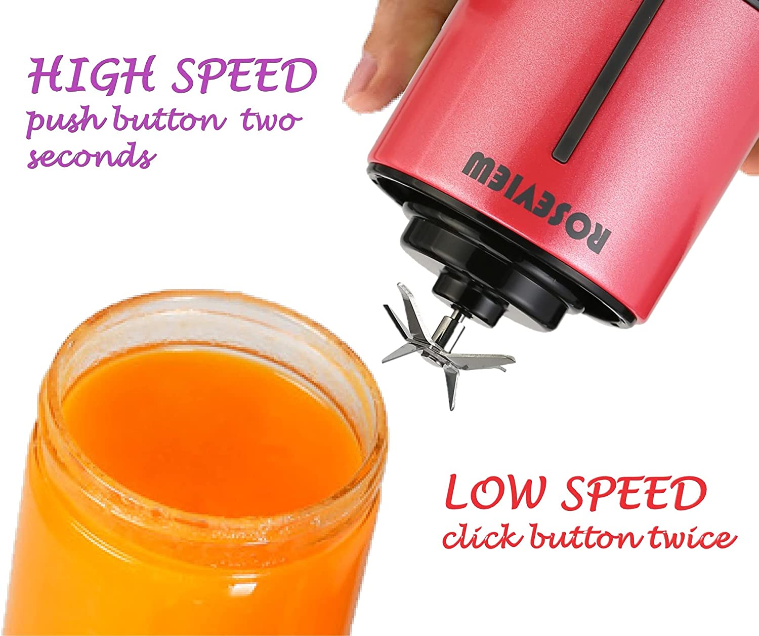 ROSEVIEW Portable Smoothie blender Dual Speed 450ml / 15 Oz High Borosilicate Heat resist Glass bottle Mini USB rechargeable Cordless Handheld Ice crushing Shakes Cup juicer smoothy  Personal smoothies maker Fruit mixer Juice pour verre mixeur melangeur portatif sport travel healthy
